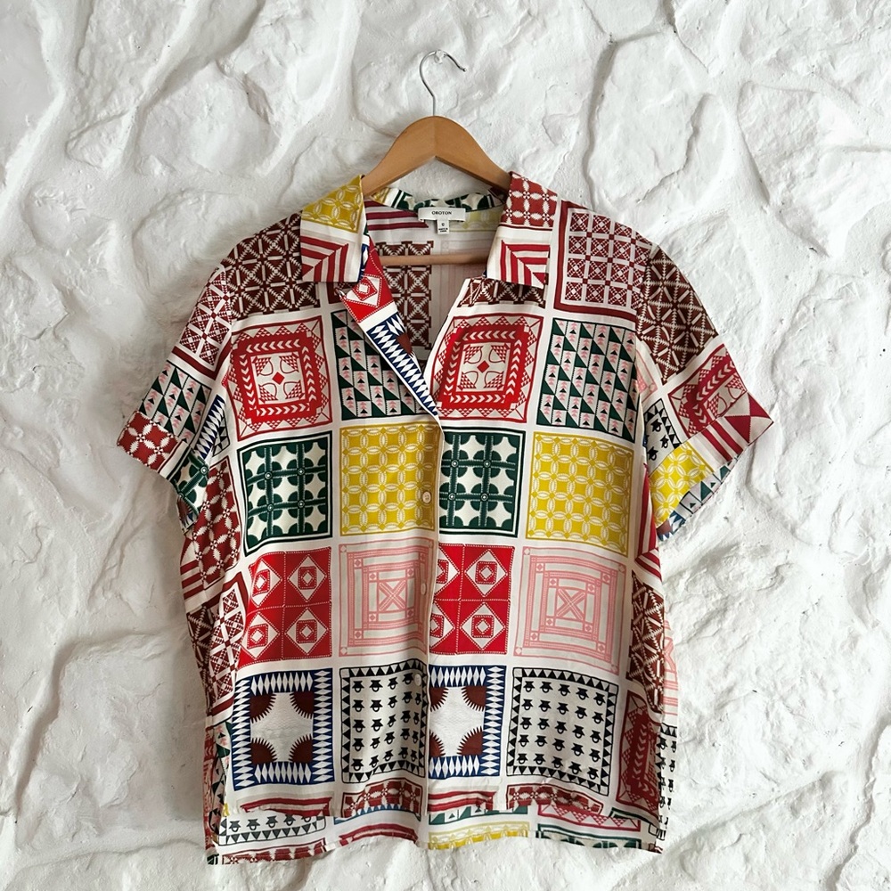 Oroton (!!!!) 100% Silk Patchwork Button Up - image 2